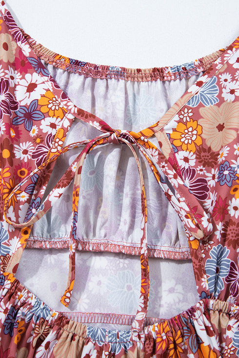 Red Floral Puff Sleeve Square Neck Knot Open Back Mini Dress